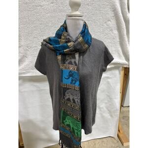 Pashmina 100% Cashmere Elephant Shawl Scarf Metallic Green Blue Gray  novelty